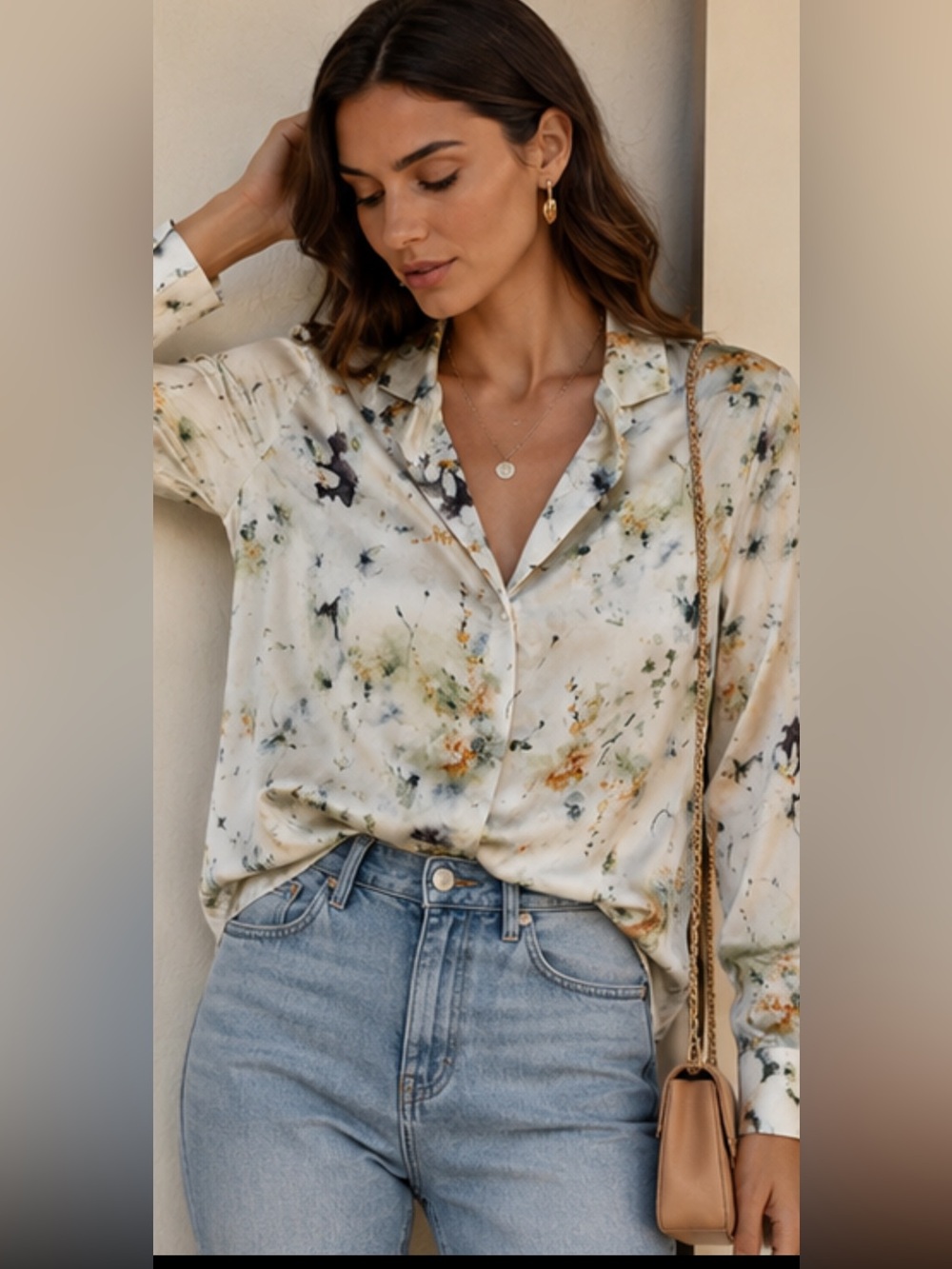 Zara Trafaluc Floral Button Blouse Womens Medium Long Sleeve Silky Shirt